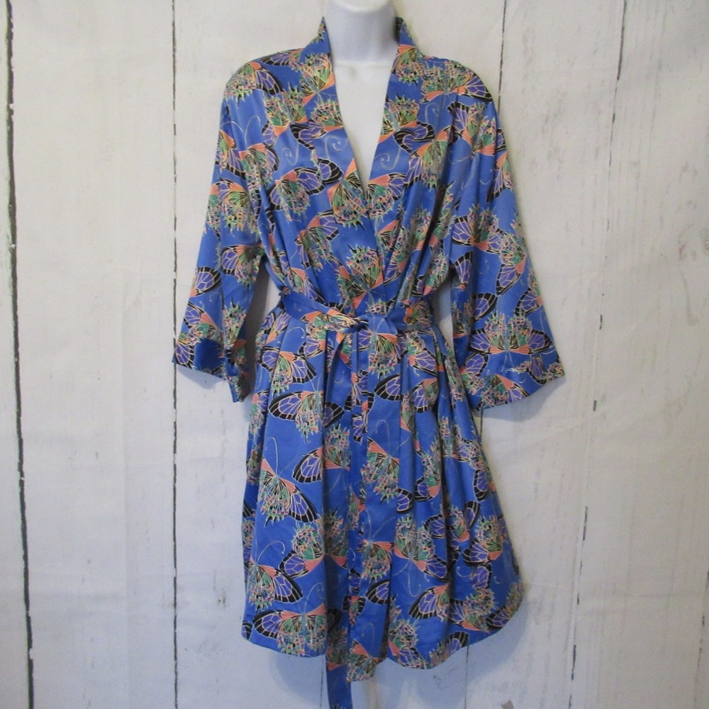 Cabernet Bath Robe L Blue Butterfly Print Kimono Satin‎